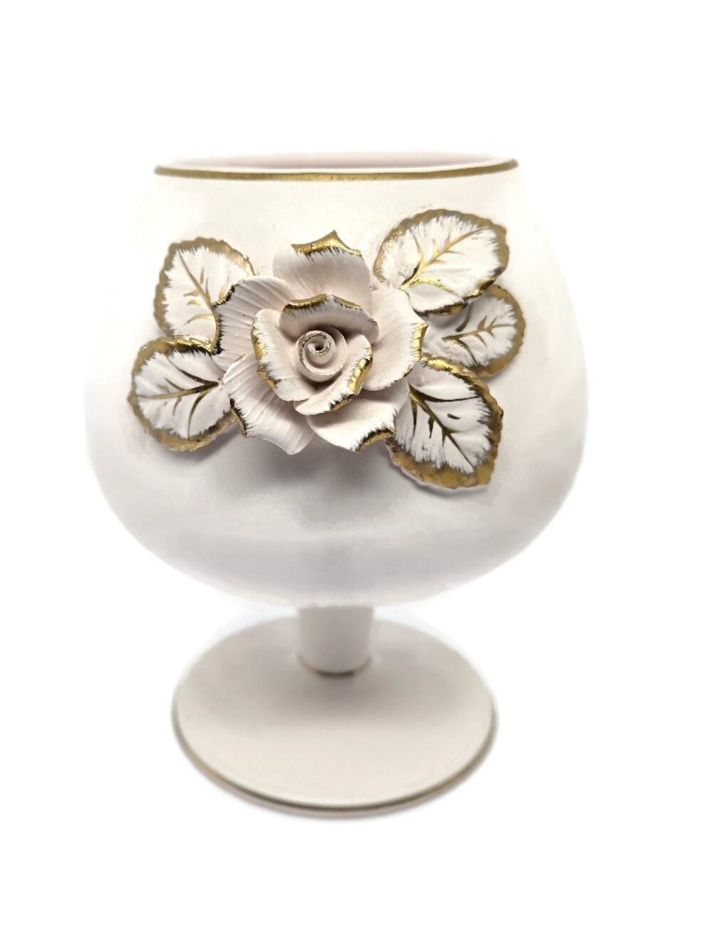 Napco 1962 Ceramic Ivory Rose Goblet Vase, Pink and Gold